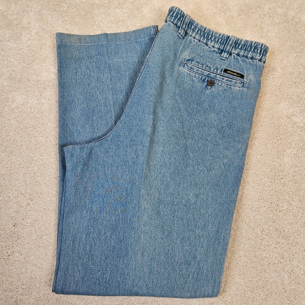 VTG Eddie Bauer Mens Denim Trouser 38‎ Tall Light Wash Comfort Waistband Dadcore
